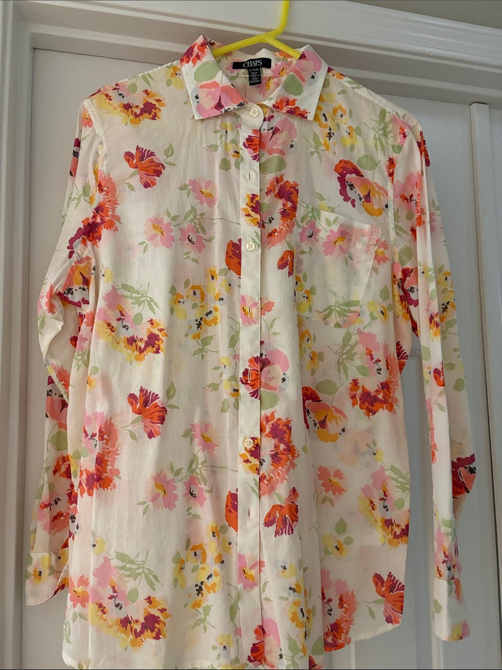 Chaps White Floral Button-Up Blouse with Pink, Yellow & Green Print